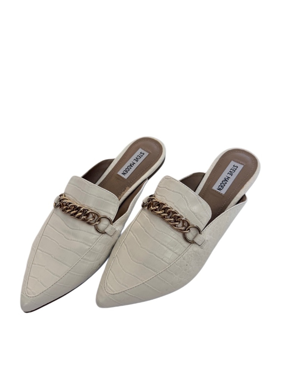 Steve Madden Cream Croc-Embossed Chain-Trim Flat Mules Size 8.5